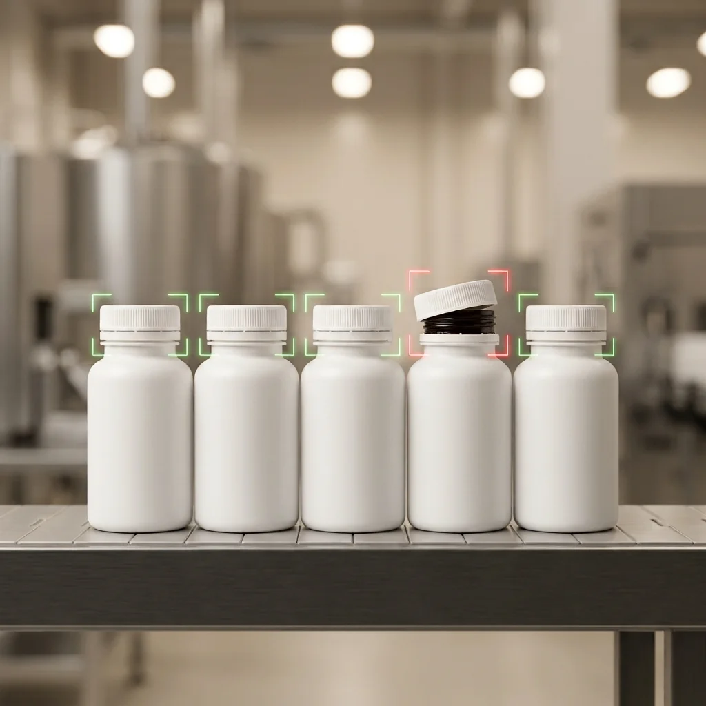 Caps on bottles checked by a vision system on a production line, one tilted cap rejected