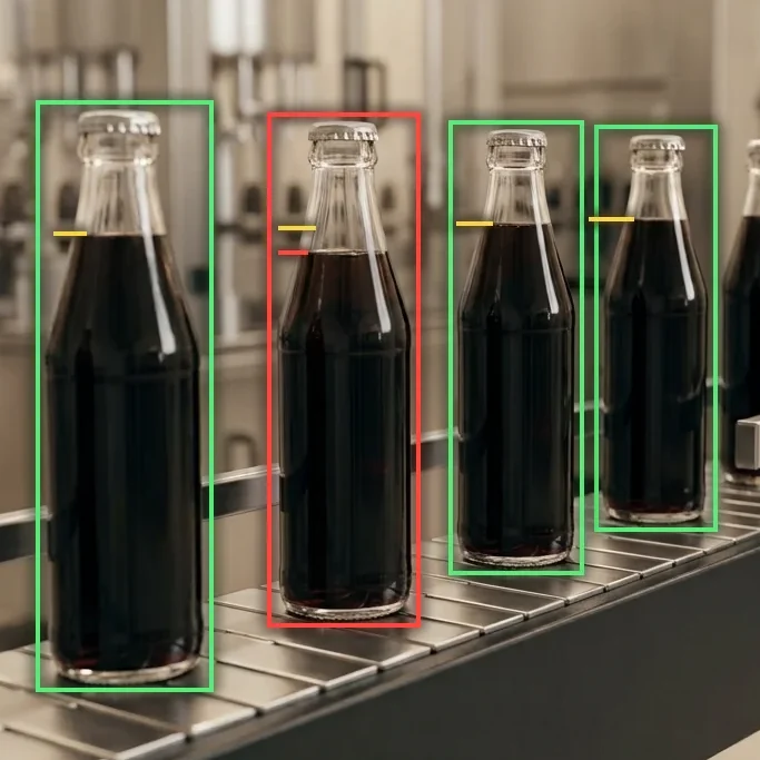 Fill level inspection of glass bottles on a production line, one underfilled bottle rejected