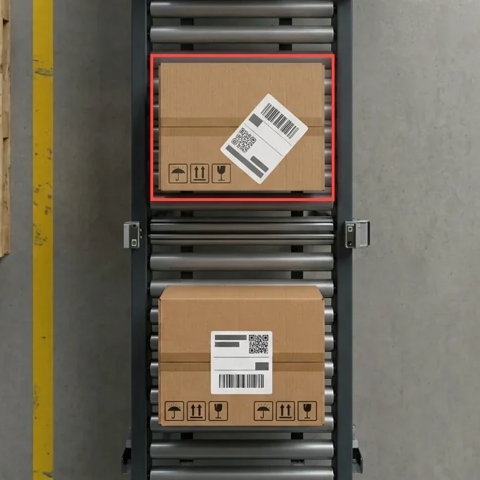 Label inspection of shipping cartons on an end-of-line conveyor, one carton with a misapplied label rejected
