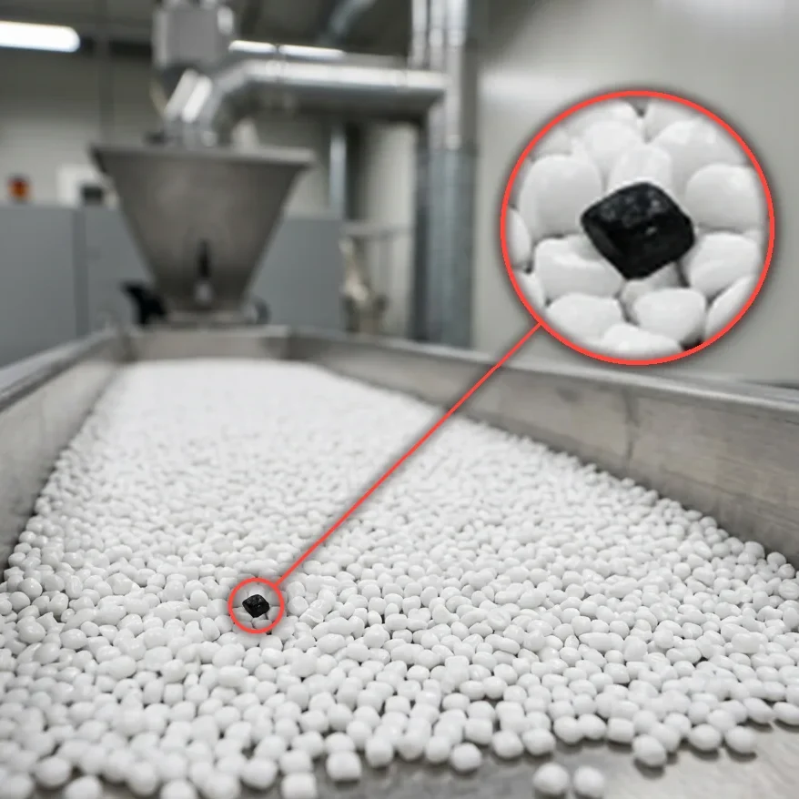 Foreign object detection on a plastic granule feeder, one burnt black granule detected and magnified
