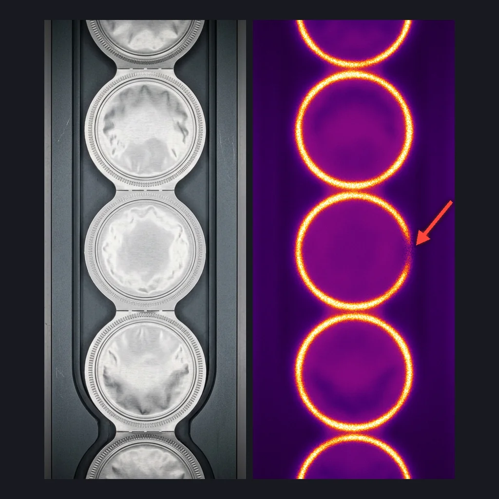 Thermal seal inspection of a contact lens blister strip, camera and thermal views side by side, one weak heat seal detected