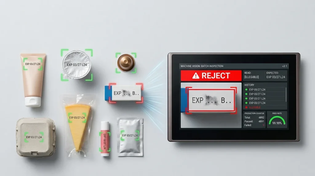 Machine vision system inspecting printed date codes on packaged products and rejecting a smudged code on an HMI screen