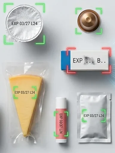 Machine vision system inspecting printed date codes on packaged products and rejecting a smudged code on an HMI screen