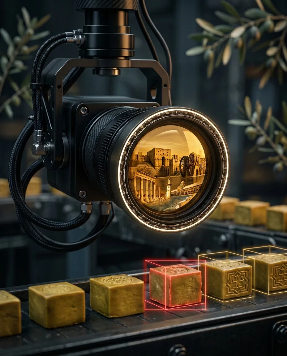 Machine vision camera inspecting Aleppo laurel soap on a production line