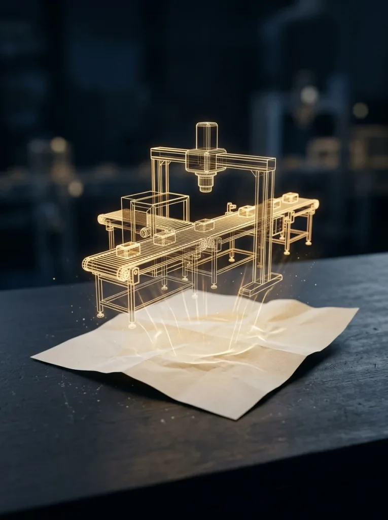 Golden wireframe of a production line rising from a sheet of paper