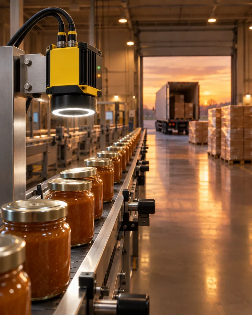 Machine vision camera inspecting jars on an evening shift, with a truck being loaded for shipment in the background