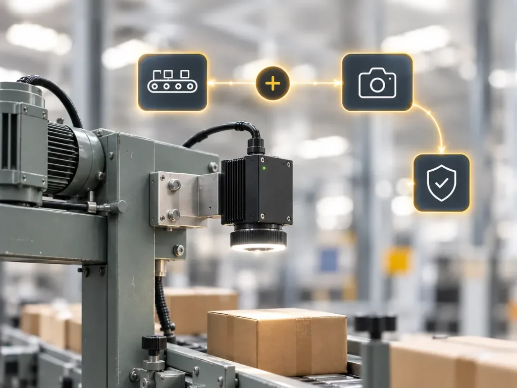 New machine vision camera mounted with a clamp bracket on an existing older conveyor line