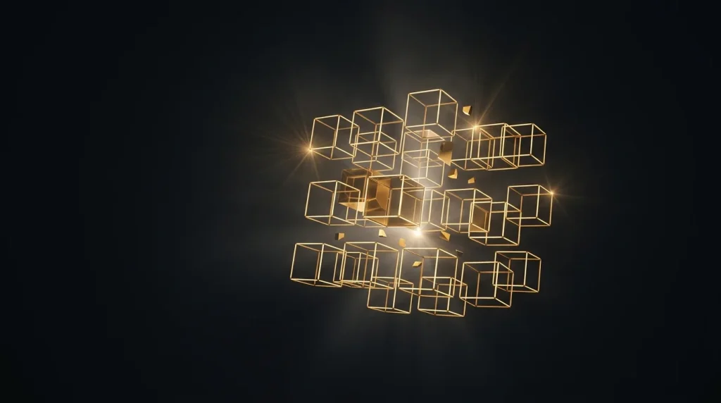 Golden wireframe cubes assembling into a precise structure on a dark background