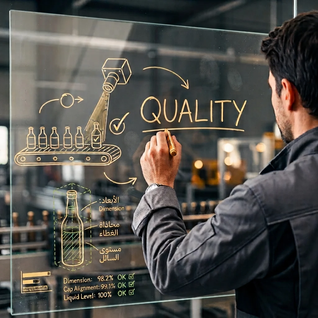 Engineer sketching an automated quality inspection process on a glass board in a production hall