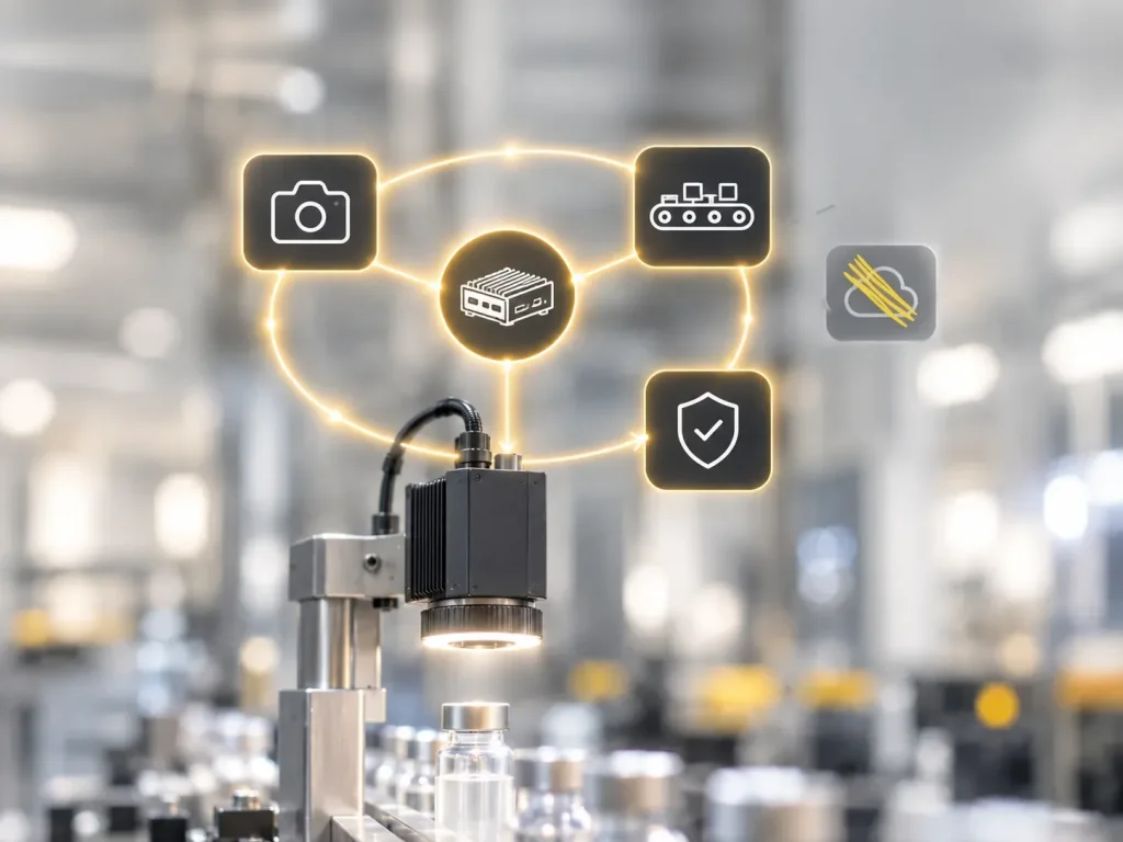 Machine vision camera on a production line connected to a local processing unit, working without a cloud connection